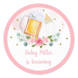 Baby Is Brewing Pink Gold Floral Baby Shower Classic Round Sticker