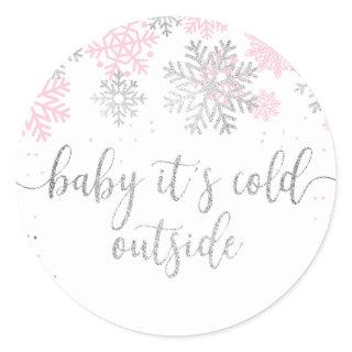 Baby It's Cold Outside Pink And Silver Snowflakes Classic Round Sticker