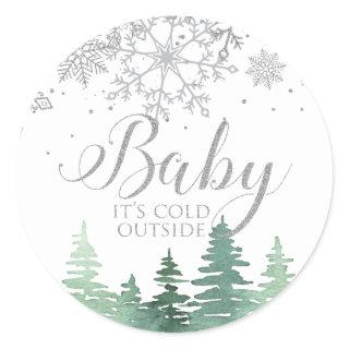Baby It's Cold Outside snowflakes and trees Classic Round Sticker