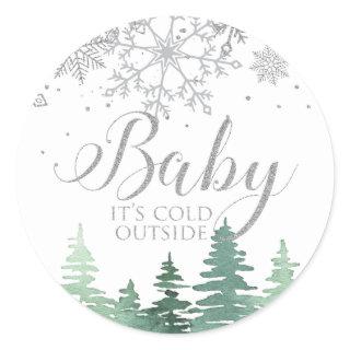 Baby It's Cold Outside snowflakes and trees Classic Round Sticker