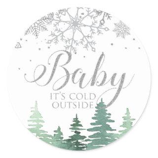 Baby It's Cold Outside snowflakes and trees Classic Round Sticker