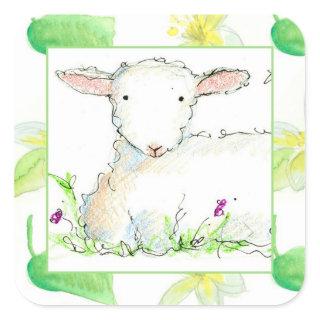Baby Lamb Farm Animal Sheep Yellow Flowers Square Sticker