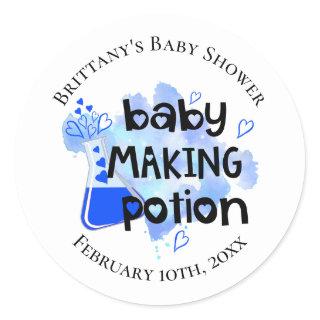Baby Making Potion Blue Hearts Baby Shower Favor Classic Round Sticker