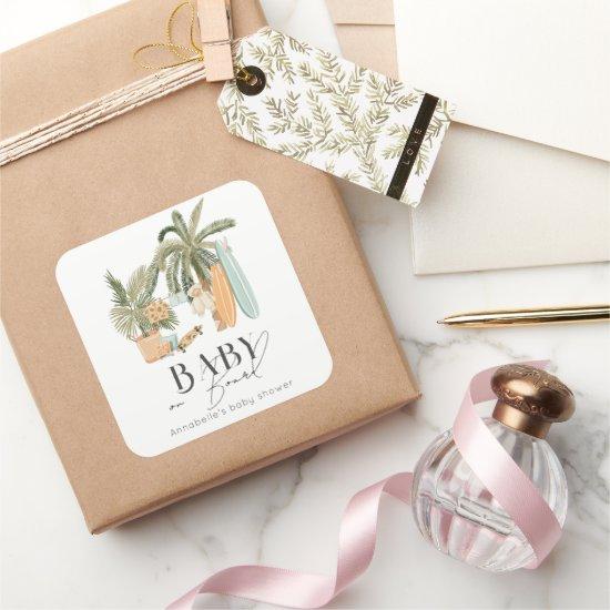 Baby on Board Palm Tree Surfboard Baby Shower Square Sticker