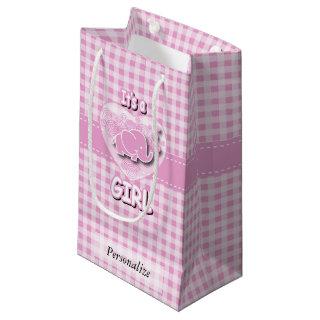 Baby Pink and White Plaid Baby Elephant Small Gift Bag
