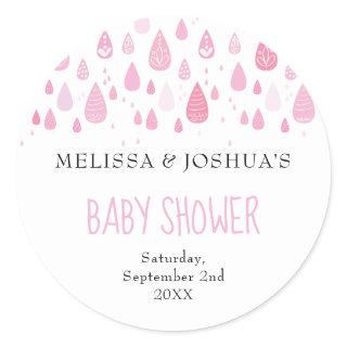 Baby pink raindrops couples baby shower classic round sticker