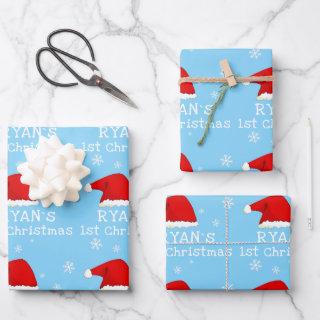 Baby`s First Christmas Blue Santa Hat Snowflake  Sheets