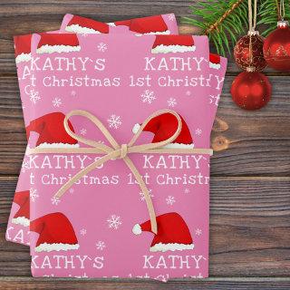 Baby`s First Christmas Pink Santa Hat Snowflake  Sheets