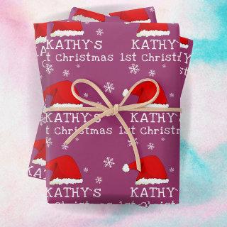 Baby`s First Christmas Santa Hat Snowflake Purple  Sheets