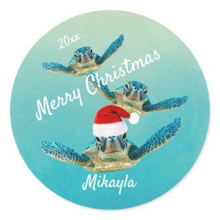 Baby Sea Turtle in Santa Hats Classic Round Sticker