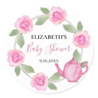 Baby Shower Baby is Brewing Pink Teapot Floral Classic Round Sticker