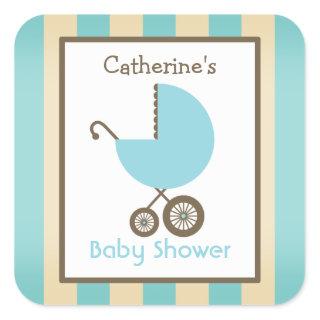 Baby Shower Blue Carriage & Stripes Square Sticker