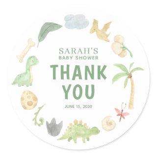 Baby Shower Dinosaur Green Watercolor Thank You Classic Round Sticker