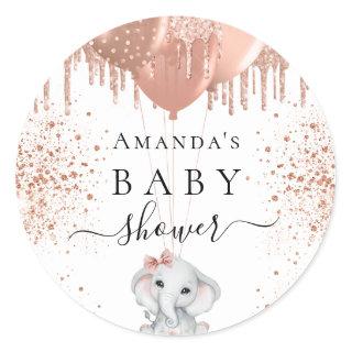 Baby Shower elephant girl rose gold glitter Classic Round Sticker