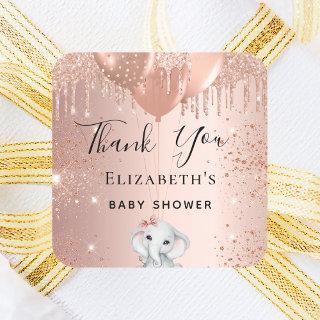Baby Shower elephant rose gold glitter balloons Square Sticker
