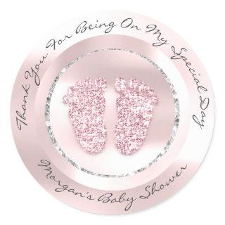 Baby Shower Feet Girl Name Thank Gray Lux Pink Classic Round Sticker