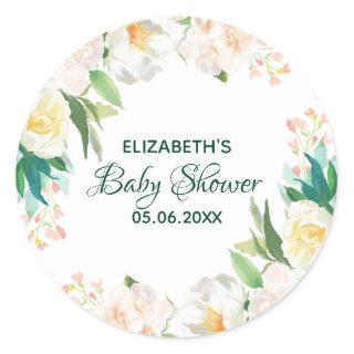 Baby Shower floral blush roses white Classic Round Sticker
