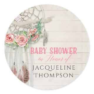 Baby Shower Girl Roses BOHO Bohemian Dream Catcher Classic Round Sticker