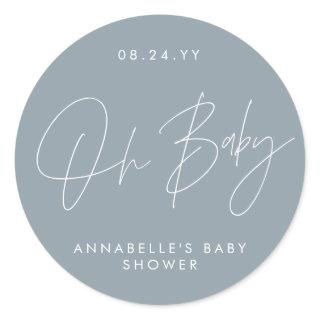 Baby shower script modern dusty blue elegant classic round sticker