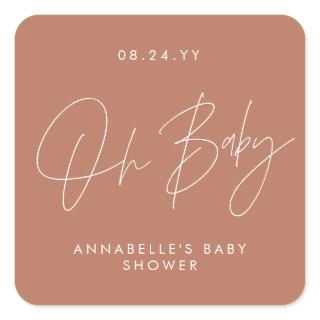 Baby shower script modern terracotta elegant square sticker
