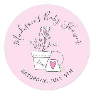 Baby Shower Watch me Grow Pink Potted Plant Classic Round Sticker
