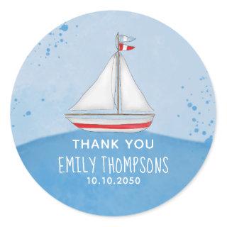 Baby Shower Watercolor Nautical Whimsical Ship Classic Round Sticker