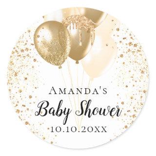 Baby Shower white gold glitter balloons name Classic Round Sticker