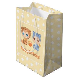 Baby Twins Birthday Cat Bear Yellow Medium Gift Bag
