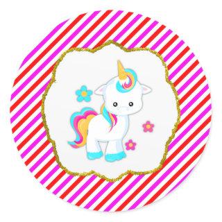 Baby Unicorn, Candy Stripes Classic Round Sticker