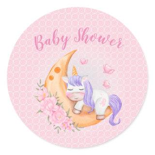 Baby Unicorn Over The Moon with Flowers  Classic Round Sticker