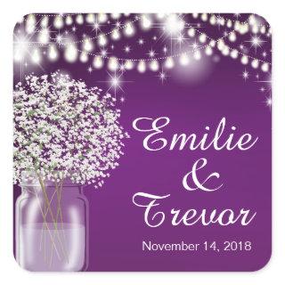 Baby's Breath Mason Jar String Lights purple Square Sticker