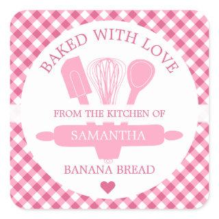 Baked With love Banana Bread Pink Gingham Kitchen  Square Sticker