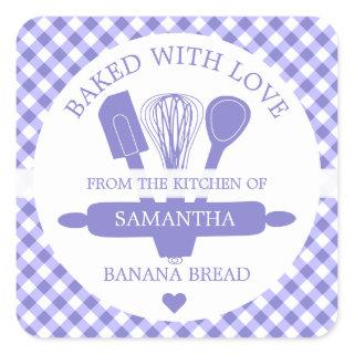 Baked With love Banana Bread Purple Gingham   Square Sticker