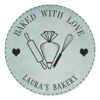 Baked with Love Cake Rolling Pin Whisk Piping Bag Classic Round Sticker