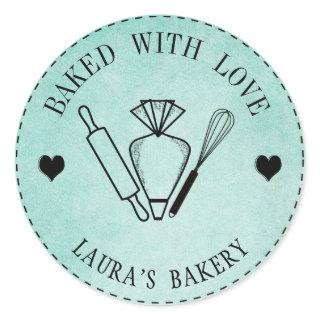 Baked with Love Cake Rolling Pin Whisk Piping Bag Classic Round Sticker
