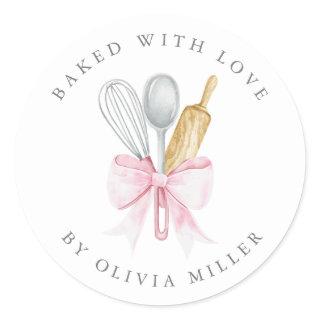 Baked With Love Elegant Pink Bow Personalized  Cla Classic Round Sticker