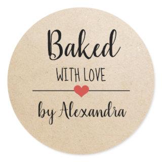 Baked with love kraft script name classic round sticker