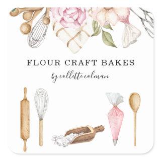 Baker Pastry Chef Watercolor Floral Tools Square Sticker