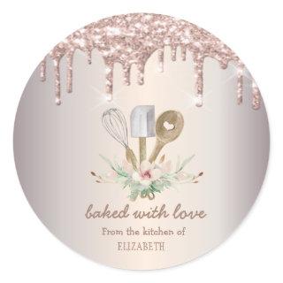 Bakery Pastry Hand Tools Rose Gold Glitter Drips Classic Round Sticker