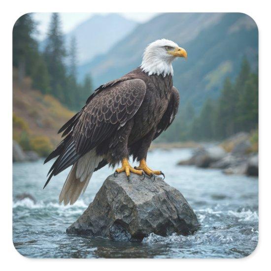Bald Eagle On a River Rock Square Sticker