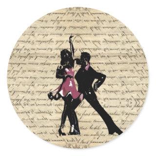 Ballroom dancers on vintage paper classic round sticker