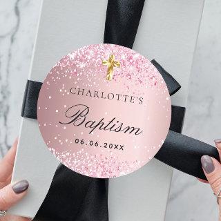 Baptism blush pink glitter sparkles girl classic round sticker
