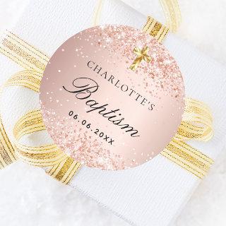 Baptism blush rose gold name girl classic round sticker