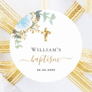 Baptism eucalyptus greenery blue floral boy classic round sticker