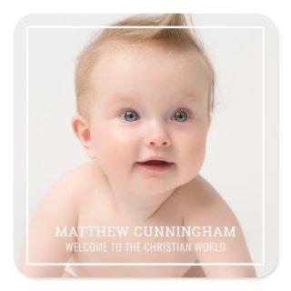 Baptism For Him | Modern Simple Frame Custom Photo Square Sticker