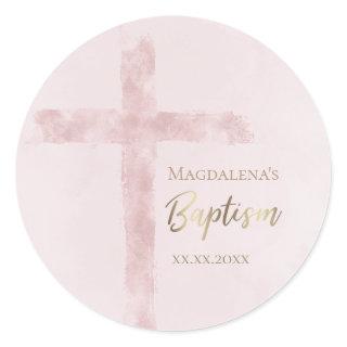 Baptism modern pink watercolor classic round sticker