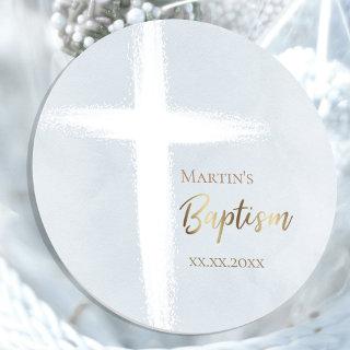 Baptism modern white cross watercolor classic round sticker