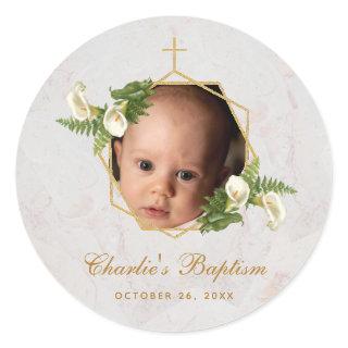 Baptism Photo Floral Calla Lilies Marble Gold  Classic Round Sticker