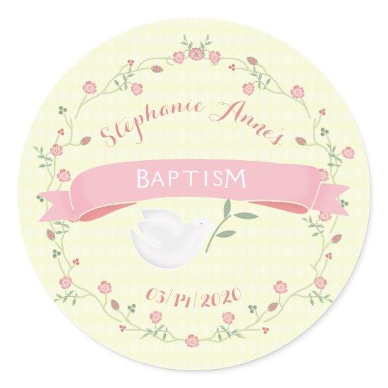 Baptism Pink Floral Wreath Classic Round Sticker