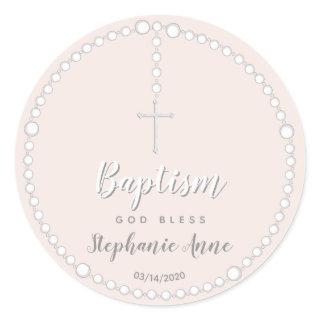 Baptism Rosary on Pink Classic Round Sticker